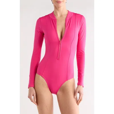 Good American Long Sleeve One-piece Swimsuit In Pink