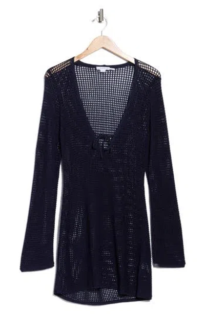 Good American Long Sleeve Open Stitch Cover-up Minidress In Blue