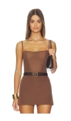 Good American Mesh Bustier Thong Bodysuit Saddlewood In Brown