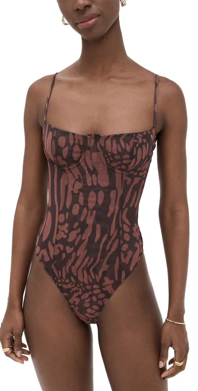 Good American Mesh Bustier Thong Bodysuit Java Warped Leopard001 In Animal Print