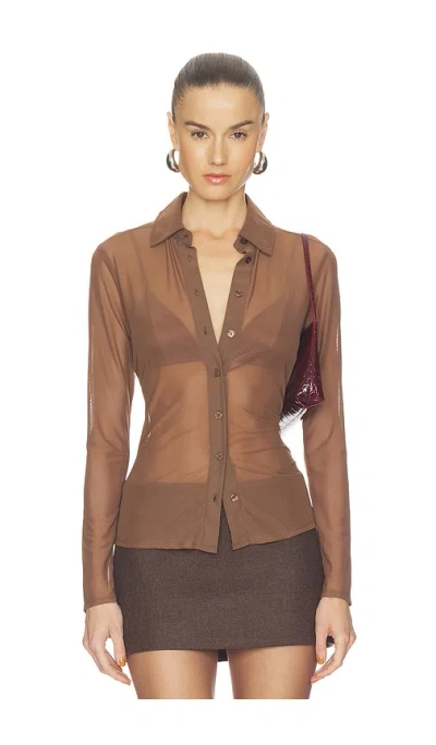 Good American Mesh Button Up Top In Brown