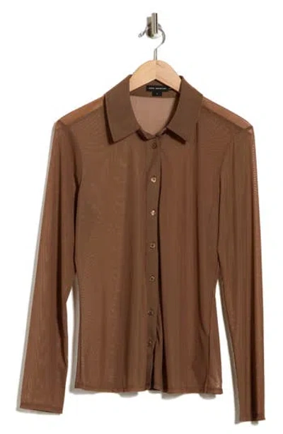 Good American Mesh Button-up Shirt In Brown