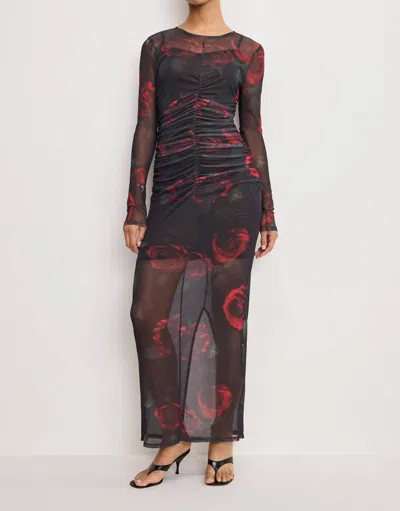 Good American Mesh Ruched Maxi Dress In Moody Red Roses In Black