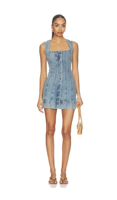 Good American Sleeveless Button-front Power Stretch Denim Mini Dress In Blue