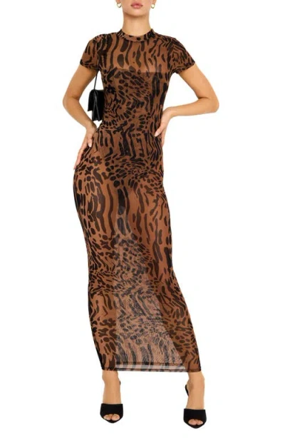 Good American Mock Neck Mesh Dress In Warped Leopard004