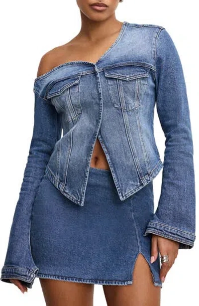 Good American One-shoulder Cutaway Denim Shirt In Blue