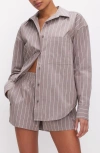 Good American Oversize Stripe Stretch Cotton Poplin Button-up Shirt In Putty Stripe001