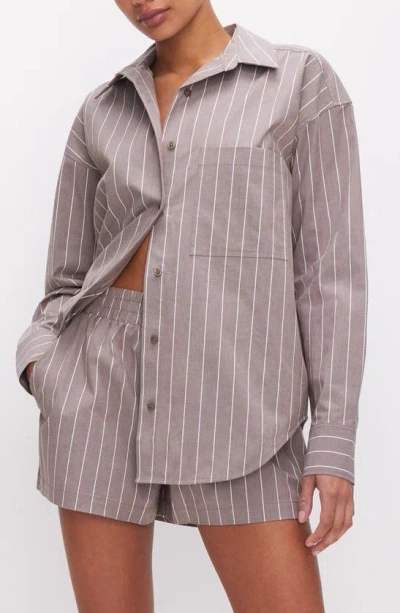 Good American Oversize Stripe Stretch Cotton Poplin Button-up Shirt In Putty Stripe001