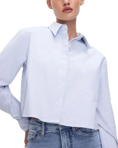 Good American Oxford Cropped Shirt In Mid Denim