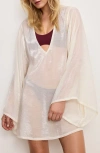 Good American Plunge Long Sleeve Sheer Cover-up Tunic In Cloud White001
