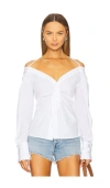 Good American Womens Off-shoulder Knot Cotton-poplin Top White001 In White001