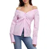 Good American Poplin Off The Shoulder Top In Pink Flora Stripe