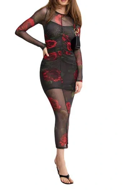 Good American Mesh Ruched Maxi Dress In Moody Red Roses001