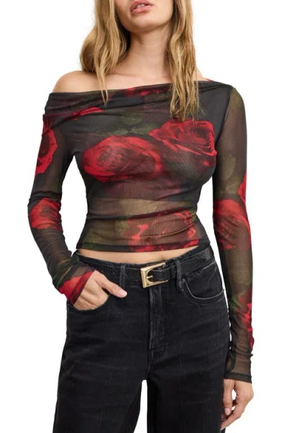 Good American Ruched One-shoulder Mesh Top In Brown