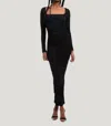 Good American Ruched Square Neck Long Sleeve Body-con Dress In Black