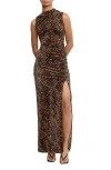 Good American Ruched Velvet High Neck Maxi Dress In Brown