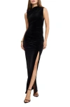 Good American Ruched Velvet High Neck Maxi Dress In Black