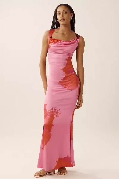 GOOD AMERICAN SATIN COWL-NECK LACE-UP MAXI DRESS