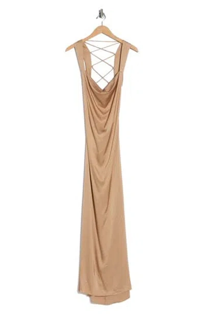 Good American Satin Lace-up Maxi Slipdress In Brown