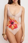 Good American Satin Deep Dive One Piece Champagne Tropical Hibiscus In Pink