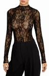 Good American Sheer Lace Mock Neck Long Sleeve Bodysuit In Black