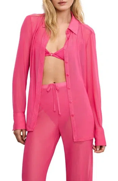 Good American Sheer Mesh Button-up Shirt In Ballerina Pink004