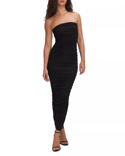 Good American Sheer Ruched Tube Maxi Dress In Black In Animal Print
