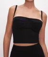 GOOD AMERICAN SOFT SCULPT BUSTIER CROP TOP IN BLACK DENIM