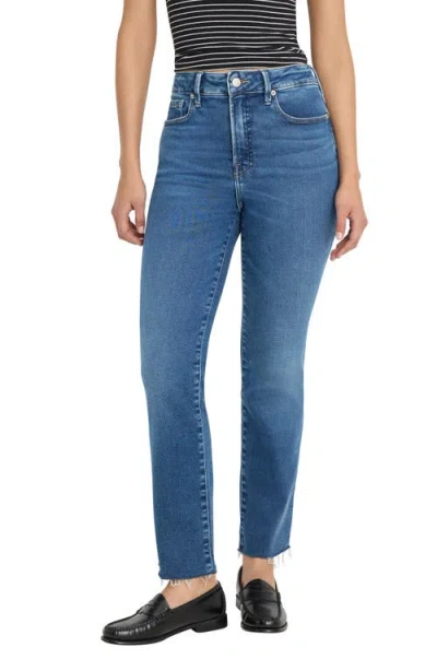 Good American Soft-tech Good Straight Raw Hem Ankle Straight Leg Jeans In Blue