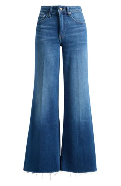 Good American Soft-tech Good Waist Frayed High Waist Wide Leg Palazzo Jeans In Blue