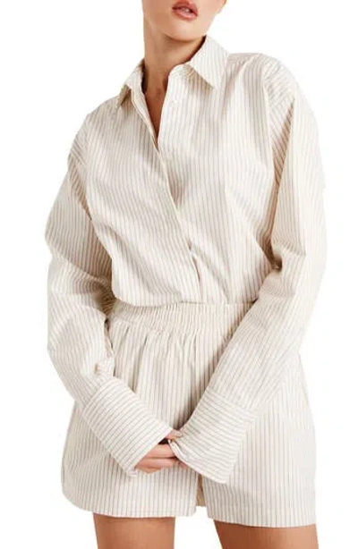 Good American Stripe Stretch Cotton Poplin Button-up Shirt In Putty Pencil Stripe003