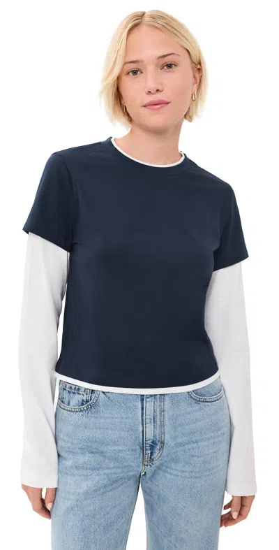Good American The Combo Layered Tee Navy With Chalk In Blue