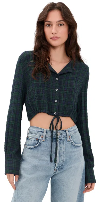 Good American The Crinkle Cinched Shirt Forest Plaid In Green