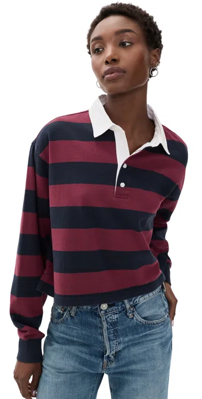 Good American The Cropped Rugby Polo Navy Berry Noir Block Stripe