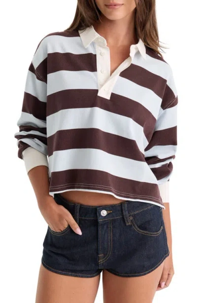 Good American The Cropped Stripe Long Sleeve Rugby Shirt In Espresso Sky Block Stripe