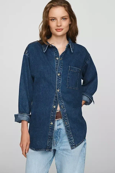 Good American The Denim 100% Cotton Oversized Shirt Top In Medium Wash