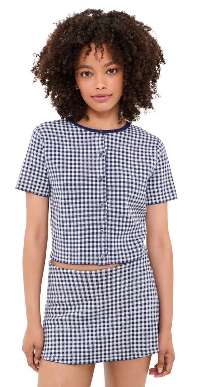 Good American Fine Knit Round Neck Short Sleeve Button Up Top In Blue