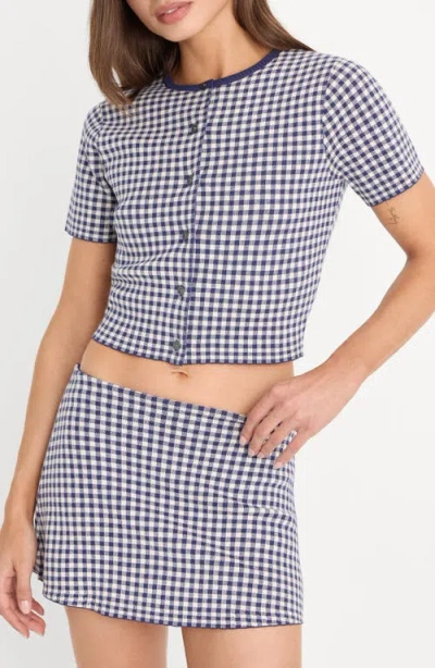 Good American Fine Knit Round Neck Short Sleeve Button Up Top In Blue