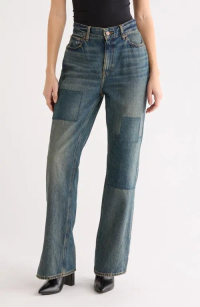Good American The Khloé High Waist Patch Denim Straight Leg Jeans In Blue