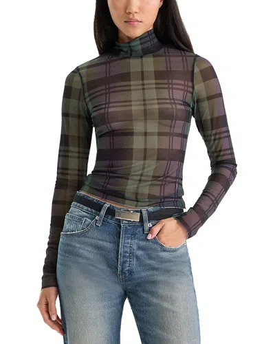 Good American The Mesh Turtleneck Top In Navy And Green Plaid