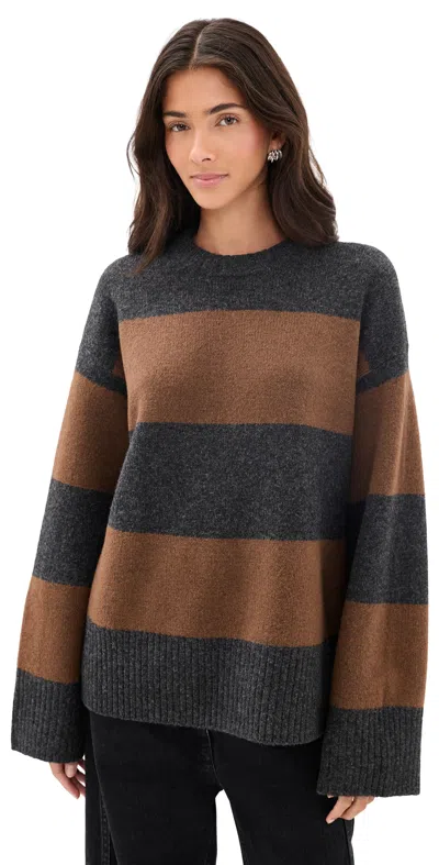 Good American The Oversized Crew Sweater Charcoal Brown Stripe In Gray