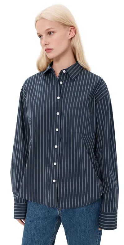 Good American The Poplin Easy Shirt Navy Stripe In Blue