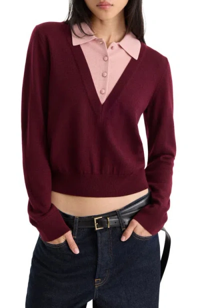 Good American The Two-in-one Merino Wool V-neck Sweater In Brown