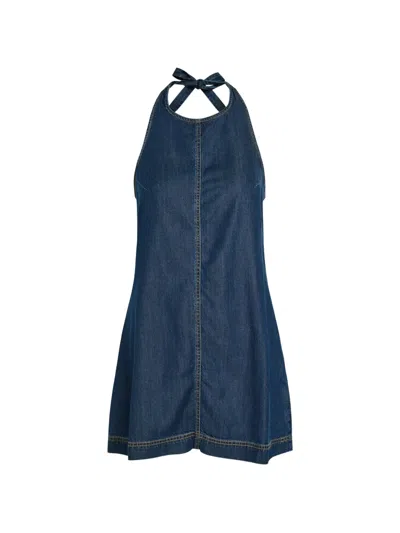 Good American Halter Neck Denim Shift Minidress In Blue