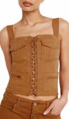 Good American Twill Lace Up Tank In Brown In Brown