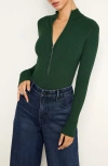Good American Virgo Long Sleeve Rib Thong Bodysuit In Pine Green