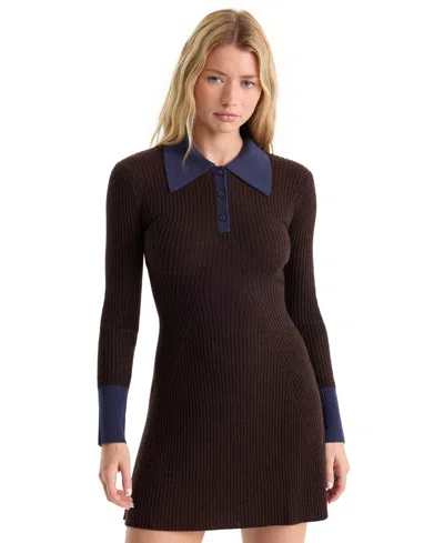 Good American The Knit Polo Wool Minidress In Brown