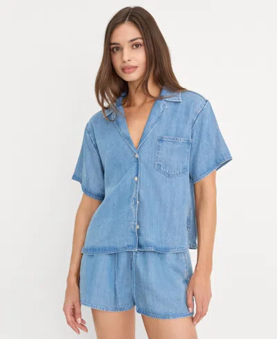 Good American Women's Collared Neck Denim Camp Shirt In Blue