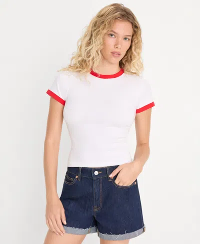 Good American Women's Cotton-blend Super Stretch Baby Ringer T-shirt, Created For Macy's In White