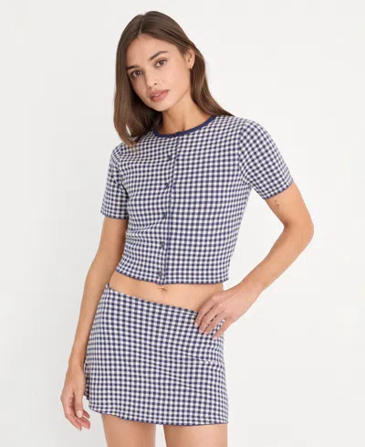 Good American Fine Knit Round Neck Short Sleeve Button Up Top In Blue